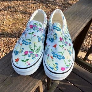 Vans White Slip-On Shoes with Blue Butterflies and Multicolor Floral Print